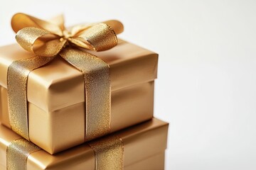 Real gold gift photo with gold ribbon, blank white background, Distinctive gift boxes, Gift box set