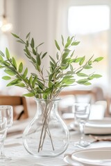 Stylish table arrangement featuring a clear glass vase with fresh green foliage, perfect for modern home decor inspiration.