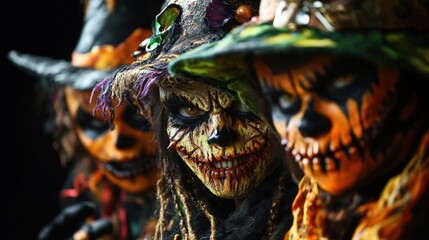 Three people with orange faces and green hats are standing together