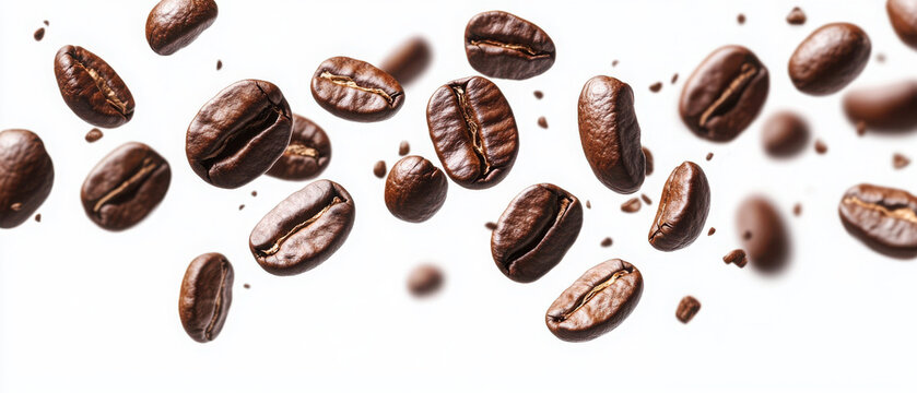 A collection of floating coffee beans against a white background.