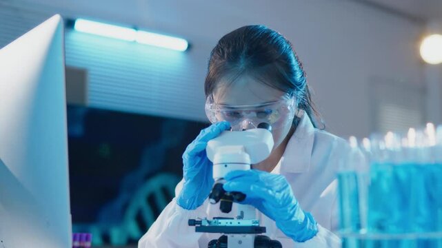 Female scientists use and adjust looking to microscope cells and bacteria in laboratory for research on pharmacy medical for healing and antibody for protect disease and virus