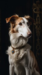 Obraz premium Elegant dog portrait with thoughtful expression wearing necklace on dark ornate background