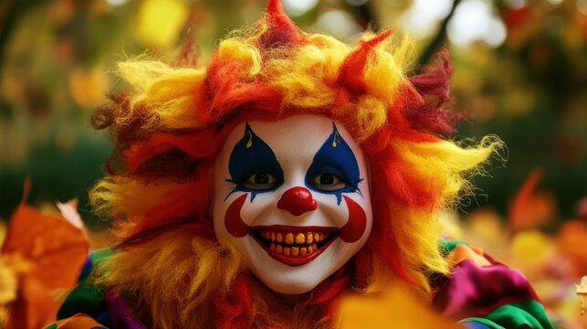 A clown with a big smile on his face and a red and yellow wig