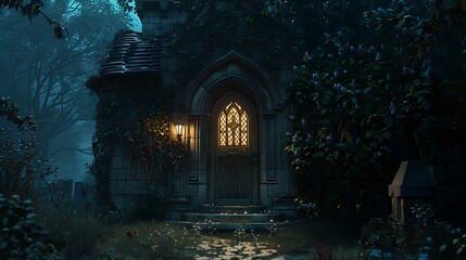 A luminous doorway leads to a darkly magical haunting house