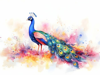 Obraz premium A vibrant watercolor painting of a peacock showcasing its stunning feathers against an abstract colorful background.