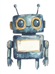 A charming watercolor illustration of a friendly robot with big eyes and a cheerful expression, perfect for children's themes.