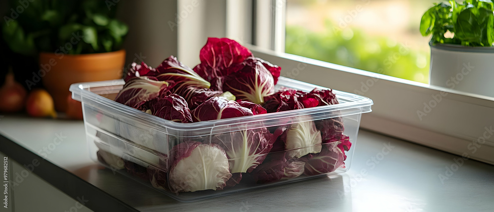 Wall mural vibrant red cabbage stored in a clear container, illuminated by natural light, creating a fresh and 