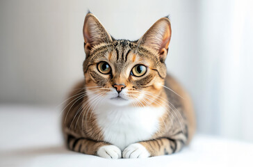 A close-up of a curious tabby cat with striking green eyes, lying down on a soft surface, exuding charm and tranquility.