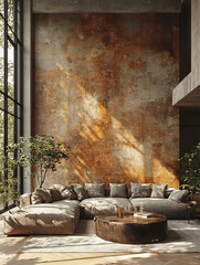 Modern living room with a large sectional sofa and a rustic coffee table.