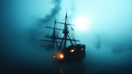 Naklejka premium A sailing ship illuminated by its lights navigates through dense fog at night with the moon shining in the background.