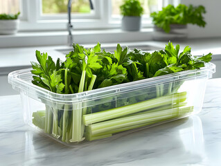 Fresh celery stalks in a clear container, perfect for healthy meals and snacks, enhancing your kitchen's vibrant atmosphere.