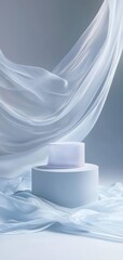A floating display platform surrounded by airy, flowing silk, perfect for showcasing exclusive products in an elegant, minimalist environment.