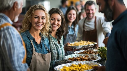 A diverse group participating in a Thanksgiving charity event at a community center serving meals to those in need with smiling faces