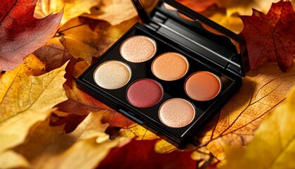 A glossy autumn eyeshadow palette featuring copper, gold, and cranberry hues, lying on a blanket of freshly fallen autumn leaves.