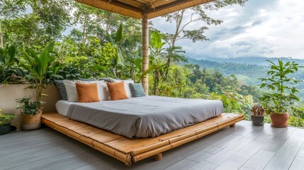 A serene bamboo bedroom overlooking lush greenery and mountains, perfect for relaxation and nature-inspired design.