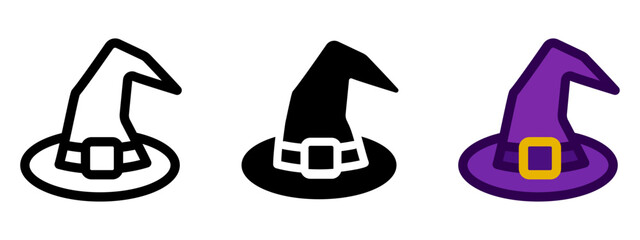 Purple magic hat icon. Wizard hat sign. Violet witch hat symbol. Halloween decoration pictogram