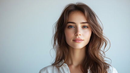 Retrato de mujer joven con camisa blanca elegante. Entorno corporativo. 