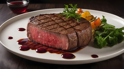A5 Japanese Wagyu beef steak. Juicy and tasty steak served on a white plate. 