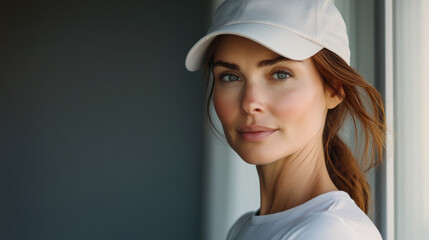 Retrato de una mujer con una gorra. Vestida con ropa deportiva elegante para practicar deporte de lujo.