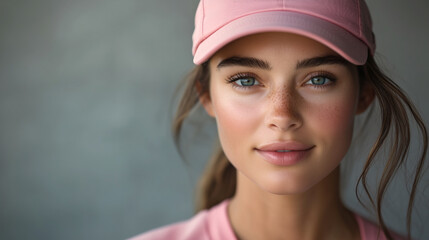 Retrato de una mujer con una gorra rosa. Vestida con ropa deportiva elegante para practicar deporte de lujo.