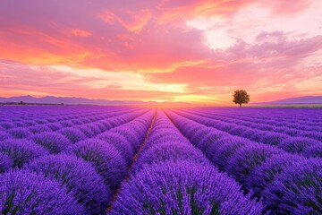 Obraz premium A stunning sunset over a vibrant lavender field, showcasing rows of purple blooms under a colorful sky.