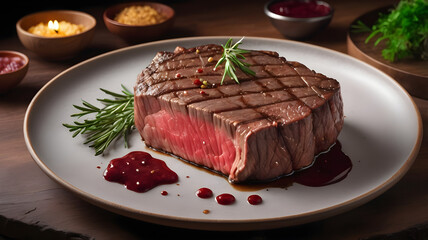 A5 Japanese Wagyu beef steak. Juicy and tasty steak served on a white plate. 
