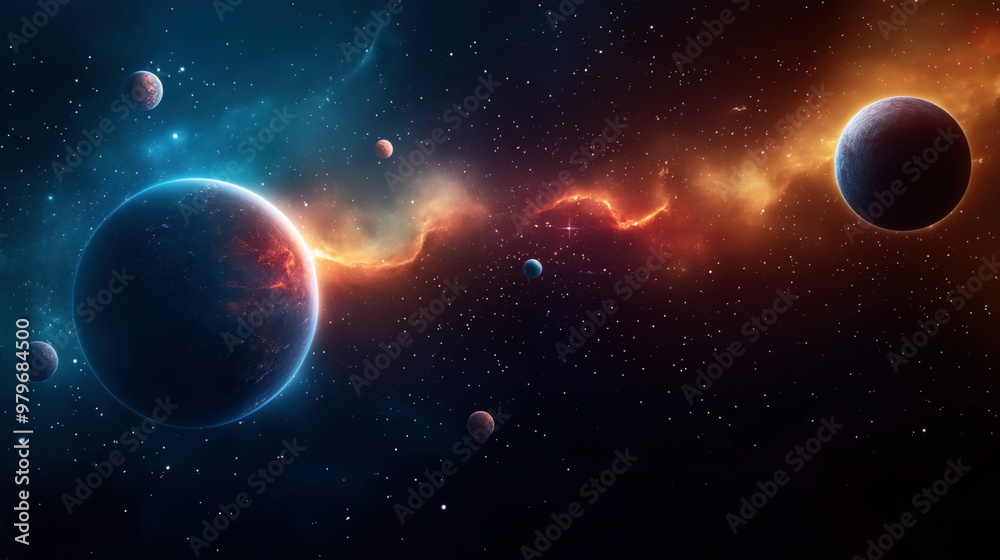 Wall mural a colorful space scene featuring multiple planets of varying sizes against a backdrop of stars and c