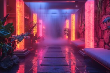 A neon lit walkway with a misty atmosphere