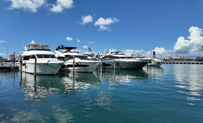 Yacht in navigation. Private luxury boat anchored off Miami beach. Summer boat vacation. Miami...