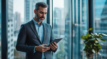 Fototapeta premium Business executive reviewing digital healthcare options on a smart tablet in a sleek boardroom with a high-rise city view