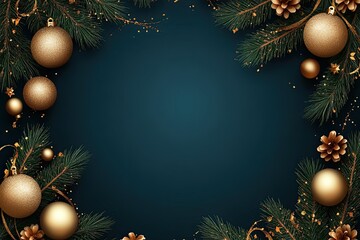 Christmas card. Frame borders made of gold balls, decorations, fir branches on dark blue background. Luxury style