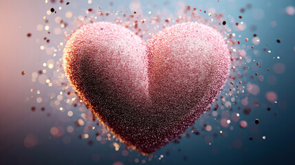 Obraz premium Abstract image of a shimmering pink heart made of small particles, surrounded by floating glitter and bokeh lights on a gradient background.
