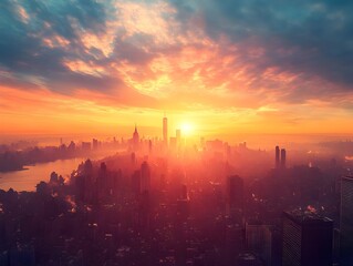 Naklejka premium A breathtaking view of a city's skyline at sunrise, bathed in vibrant orange and pink hues, creating a stunning atmosphere.