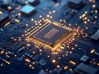 Obraz premium Close-up view of a microchip with glowing connections, showcasing the intricate details of modern technology and circuitry.