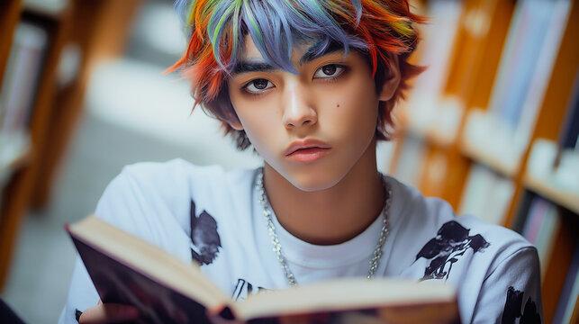 Teen boy with crazy colored hair reading book in library. Thoughtful expression , intellectual, punk style, Generation alpha, e-boy.