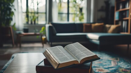 Bible placed in the center of a modern living room, symbolizing faith in everyday life
