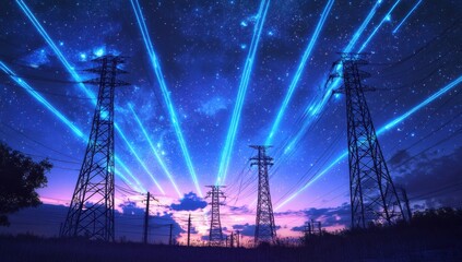 multiple power lines with blue laser beams shining from top to bottom, against a starry sky The background features three large electrical towers Generative AI