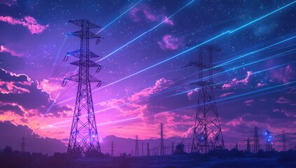 High-urban energy power an electrical tower with laser beams and electricity towers against a starry sky background Power grid or sustainable electric system concept, wide banner Generative AI