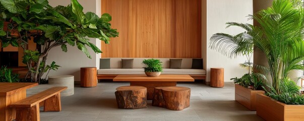 A hotel lobby designed with sustainable materials and eco-friendly decor