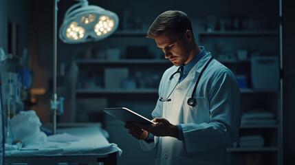 A doctor in a dimly lit room, focused on a tablet, surrounded by medical equipment.