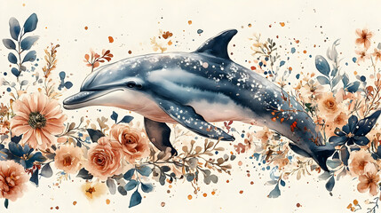 A beautiful dolphin swimming amidst a vibrant floral arrangement, blending elegance and nature's beauty in a serene watercolor style.