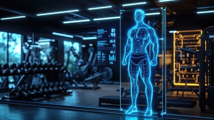 A man is shown in a gym with a blue body and a digital display of his muscles