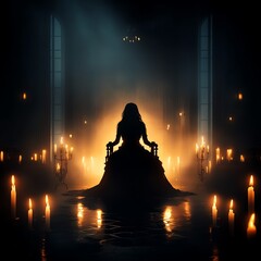 A vampire queen seated on a throne in a dark, candlelit castle hall, eerie shadows dancing on the walls, Halloween night