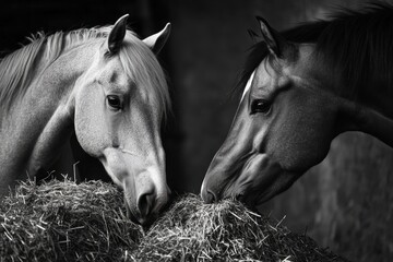 Obraz premium Horses Eating. Two Arabian Horses Grazing Hay on Farm