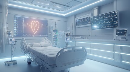 A hospital room with a heart on the wall and a bed