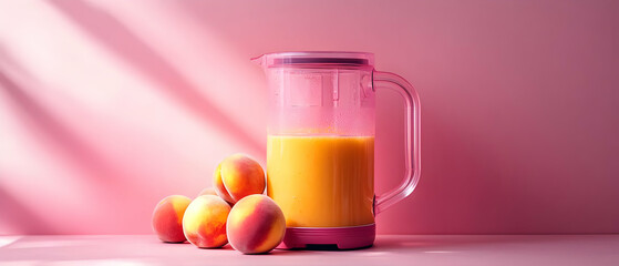Refreshing peach smoothie in a vibrant pink blender with fresh peaches on a pastel pink background.