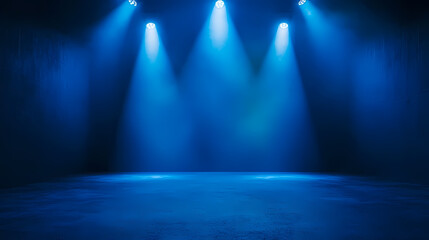 Blue spotlight casting vibrant light on dim stage, creating dramatic effect. Strobe Effect. Illustration
