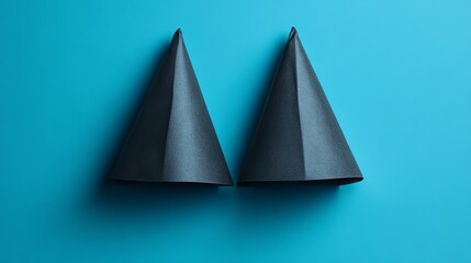 Two black paper cones are on a blue background