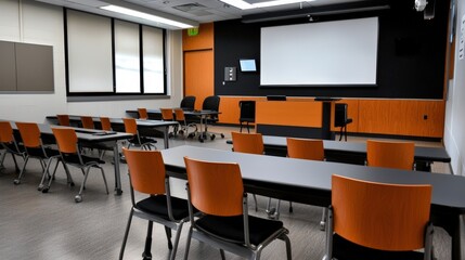 Modern classroom featuring organized desks and chairs, suitable for educational activities and presentations.