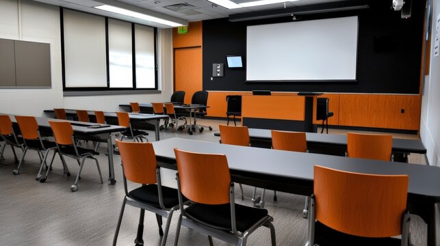 Modern classroom featuring organized desks and chairs, suitable for educational activities and presentations.